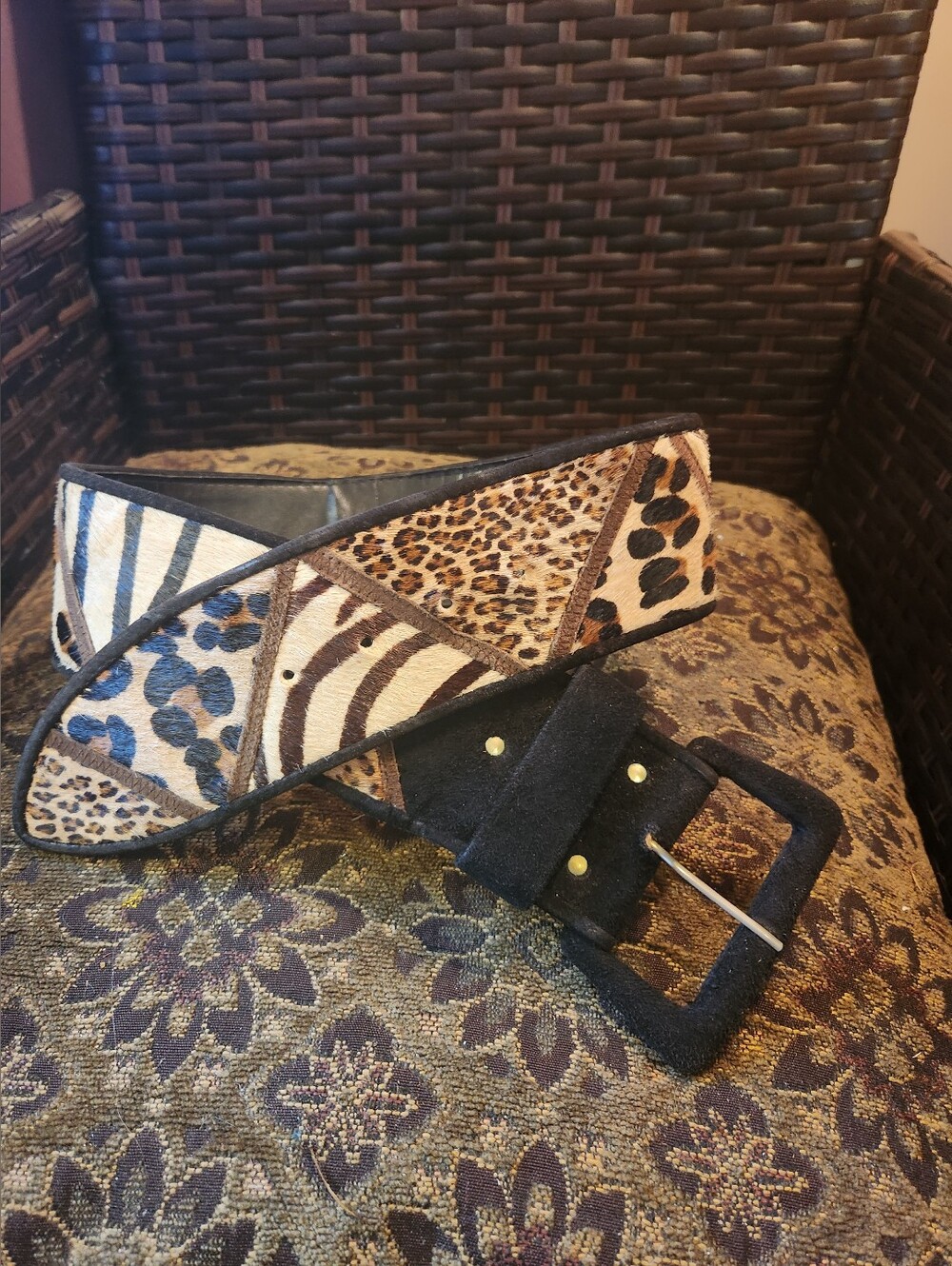 90's LUXURY Black Suede LEATHER JUNGLE Leopard Zebra COWHIDE 3" Wide Belt 38"